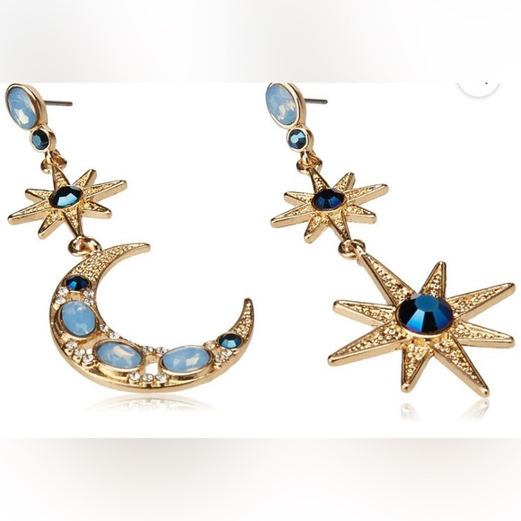 🆕 Betsey Johnson Blue Crescent Moon & Star Asymmetrical Earrings - Picture 9 of 9